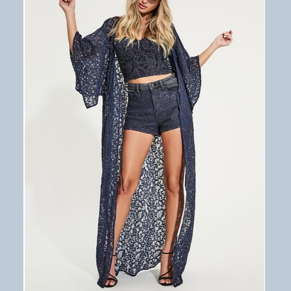 Guess Lace Tie Front Kaftan Sun-Bleach Navy NWT